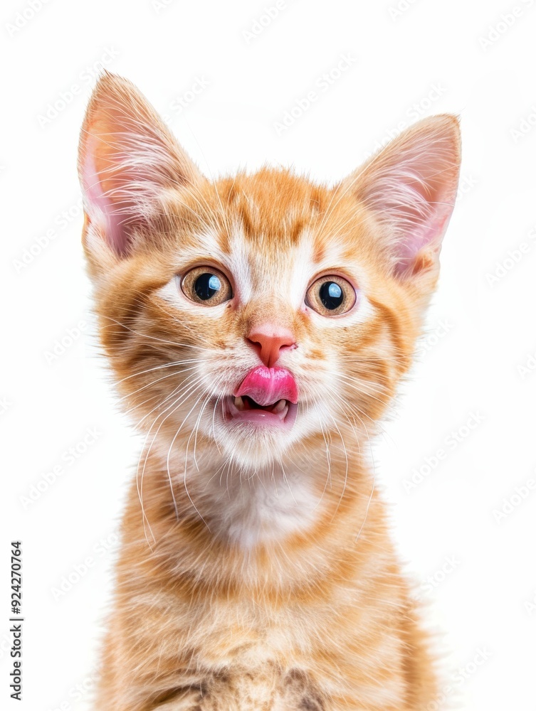 A close-up of an adorable orange tabby kitten with big eyes, licking its lips, against a white background.. A close-up of an adorable orange tabby kitten with big eyes, licking its lips, against a white background..