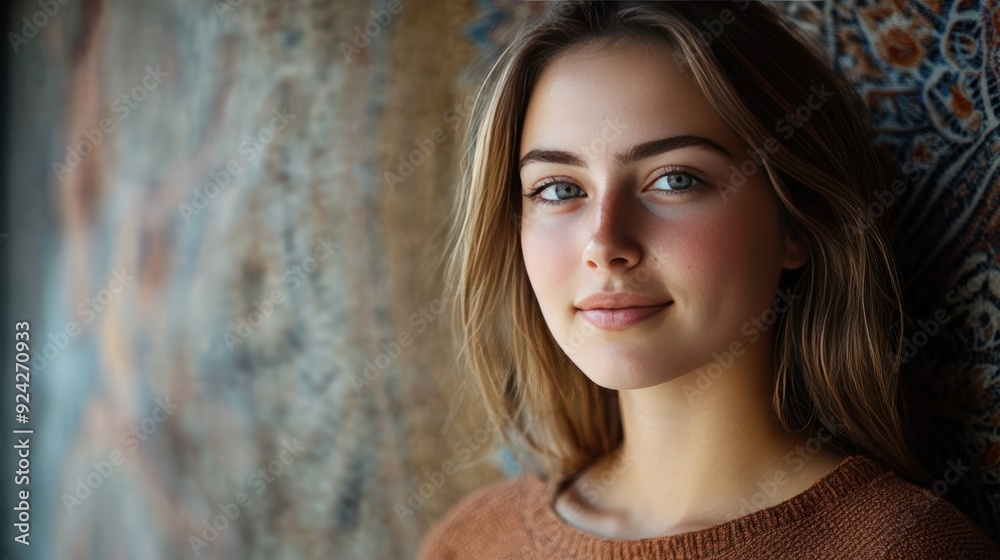 Close up portrait of young woman with long blonde hair smiling gently at the camera. Close up portrait of young woman with long blonde hair smiling gently at the camera.
