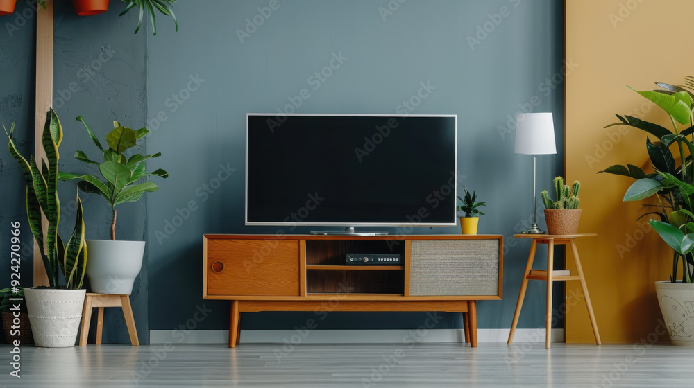 Living room with a mid-century modern TV stand, surrounded by indoor plants and contemporary decor in warm tones. Living room with a mid-century modern TV stand, surrounded by indoor plants and contemporary decor in warm tones.