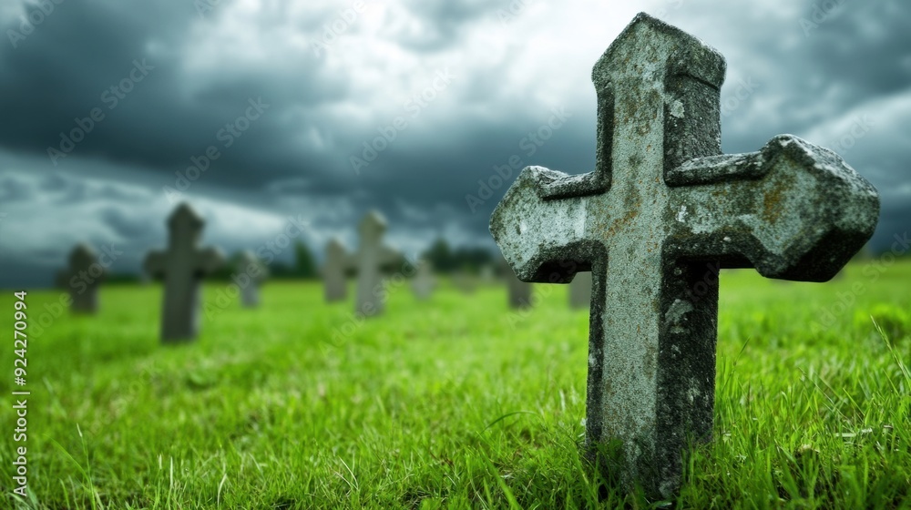 A cemetery with a cross in the middle of green grass, AI A cemetery with a cross in the middle of green grass, AI
