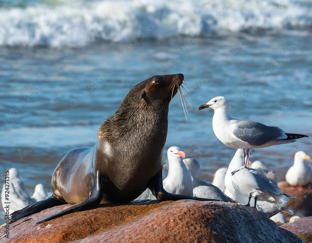Obraz premium Sea lion and seagulls sitting at the coast of the Atlantic ocean