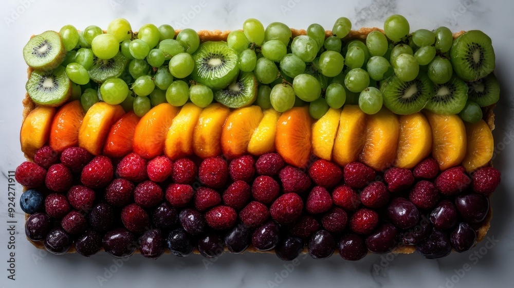 Colorful Fresh Fruit Tart with Kiwi, Grapes, Peaches, Raspberries, and Cherries on Marble Background Colorful Fresh Fruit Tart with Kiwi, Grapes, Peaches, Raspberries, and Cherries on Marble Background