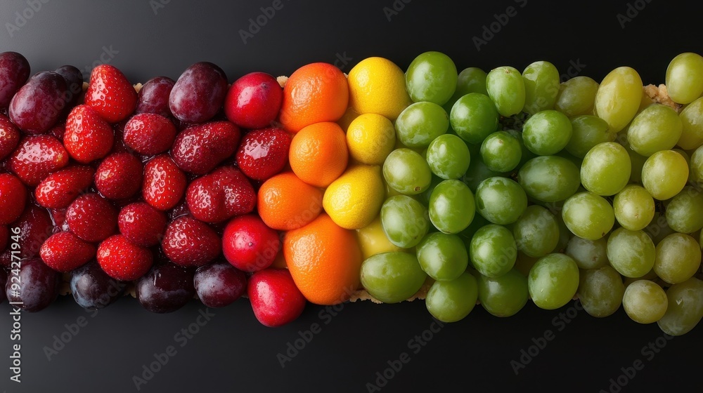 Colorful Array of Fresh Fruits Including Strawberries, Plums, Oranges, and Grapes on a Black Background Colorful Array of Fresh Fruits Including Strawberries, Plums, Oranges, and Grapes on a Black Background
