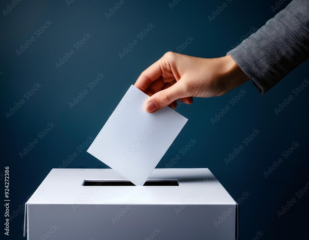 Ballot box with blank sheet of paper in hand on blue background Ballot box with blank sheet of paper in hand on blue background