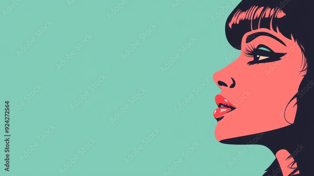 A close-up of a woman's face, drawn in a pop art style with a turquoise background. A close-up of a woman's face, drawn in a pop art style with a turquoise background.