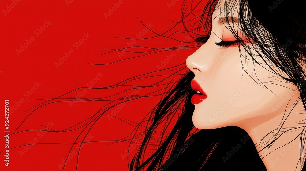 Woman with red lipstick and black hair blowing in the wind against a red background. Woman with red lipstick and black hair blowing in the wind against a red background.