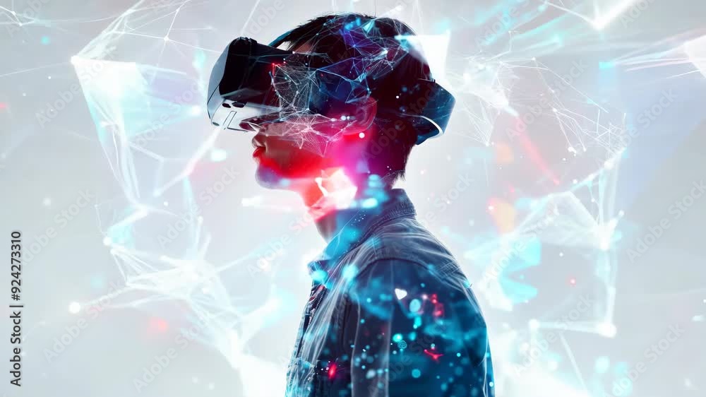 Man wearing virtual reality headset, double exposure video, technology metaverse 