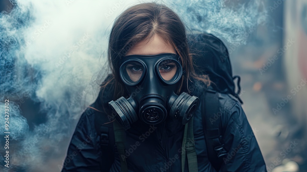 Mysterious Woman in Advanced Gas Mask: A Striking Poster for Sports Interiors, Symbolizing Preparedness and Resilience in Hazardous Scenarios Against a Smoky Atmosphere. Mysterious Woman in Advanced Gas Mask: A Striking Poster for Sports Interiors, Symbolizing Preparedness and Resilience in Hazardous Scenarios Against a Smoky Atmosphere.