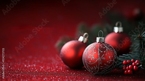 Festive Holiday Greetings. Red background featuring Merry Christmas and Happy New Year message in topaz... photo