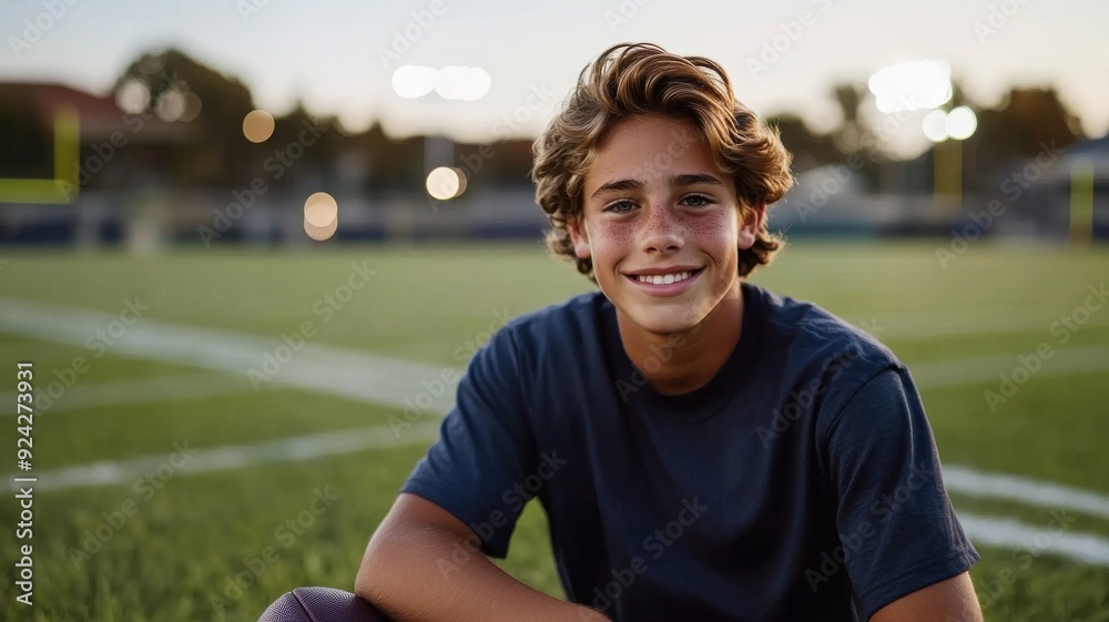 portrait of a teenage male football player with field in behind them portrait of a teenage male football player with field in behind them