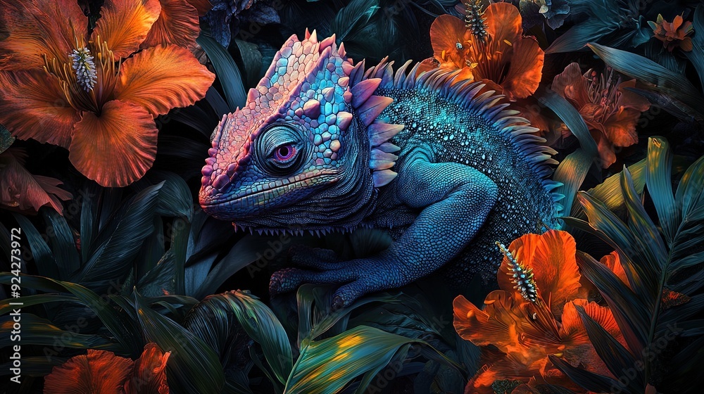 Enchanting Chameleon-Like Creature Amidst Vibrant Tropical Flowers: Perfect for a Striking Sports Interior Poster Enchanting Chameleon-Like Creature Amidst Vibrant Tropical Flowers: Perfect for a Striking Sports Interior Poster