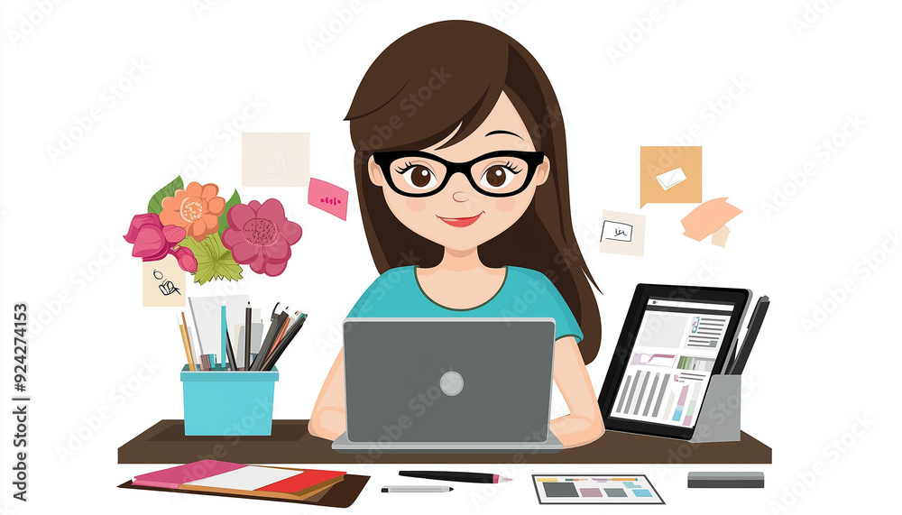 vector illustration of a woman with glasses is working in the office. vector illustration of a woman with glasses is working in the office.