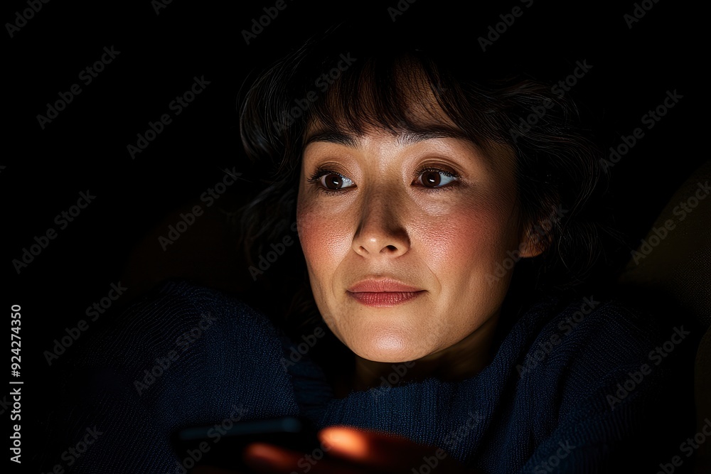 Close-Up Of A Beautiful Asian Woman Looking At A Smartphone, Video Chat In Progress Close-Up Of A Beautiful Asian Woman Looking At A Smartphone, Video Chat In Progress