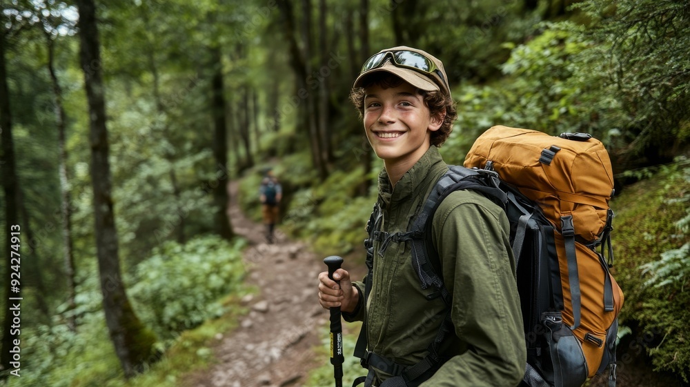 portrait of a teenage male in hiking gear on a trail portrait of a teenage male in hiking gear on a trail