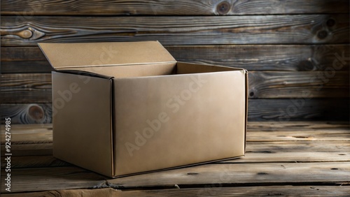 Photorealistic packaging mockup,blank white template for gifting and advertising your product. Minimalistic eco-friendly cardboard box with natural texture and wooden background. Simple mockupdesign  photo