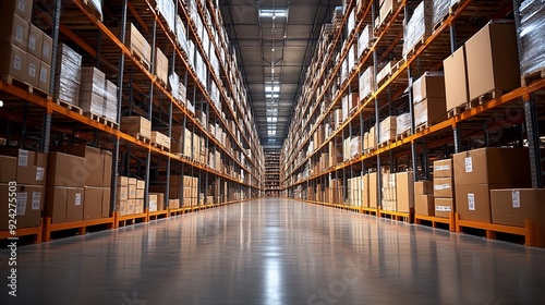Efficient Storage Solutions. Organized industrial warehouse interior with shelves loaded with goods