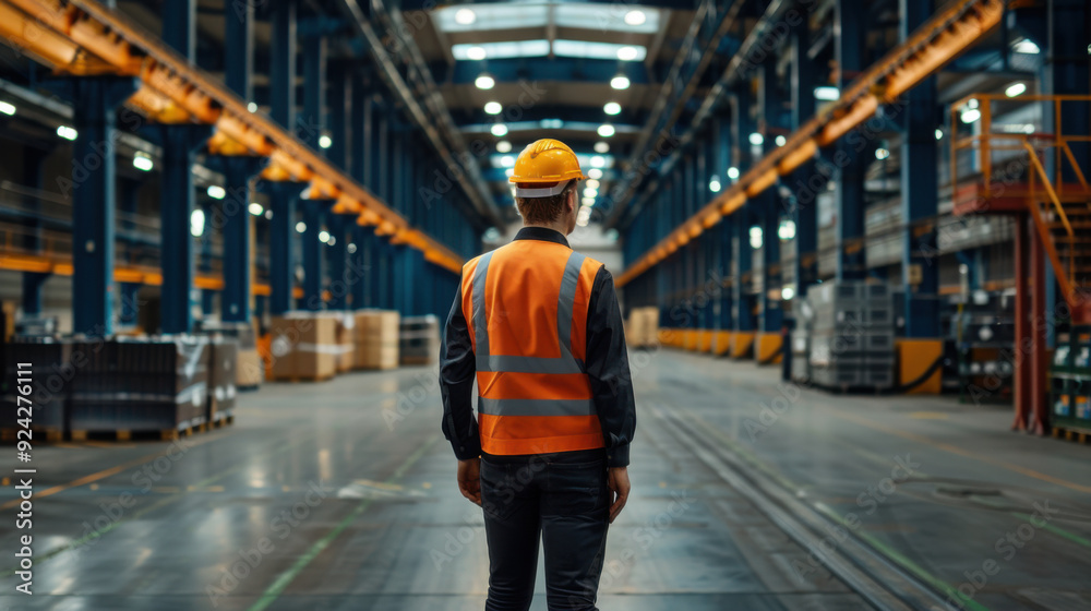 Rear view of a worker wearing a hard hat and safety vest, inspecting a spacious and organized industrial warehouse. Rear view of a worker wearing a hard hat and safety vest, inspecting a spacious and organized industrial warehouse.