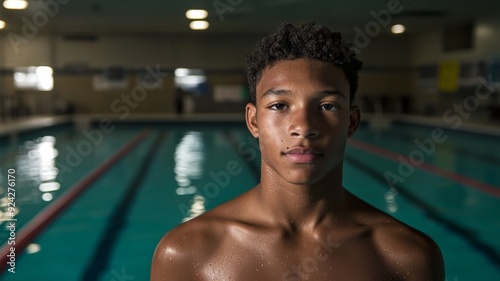 portrait of a teenage male swimmer with a pool in behind them