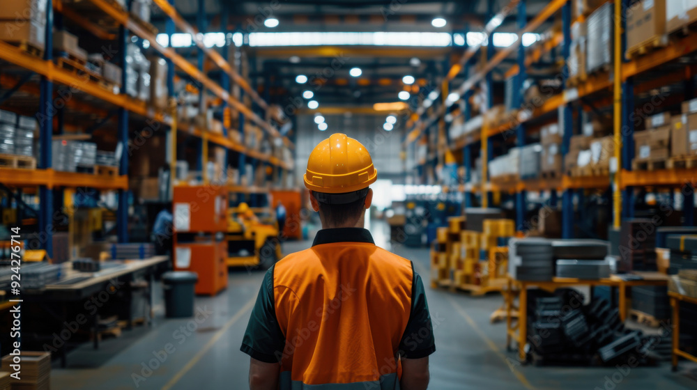 Back view of a worker in a hard hat and safety vest supervising operations in a busy, well-organized warehouse facility. Back view of a worker in a hard hat and safety vest supervising operations in a busy, well-organized warehouse facility.
