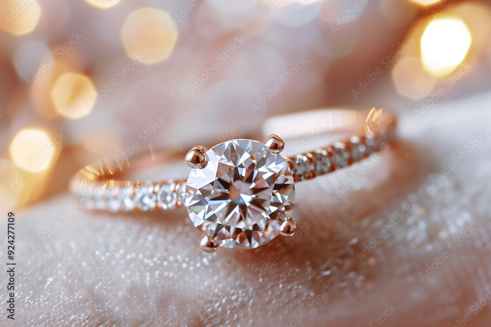 Fototapeta premium Close-up of a delicate engagement ring with a large diamond center and smaller diamonds on the band, set against a soft, sparkling bokeh background highlighting the brilliance