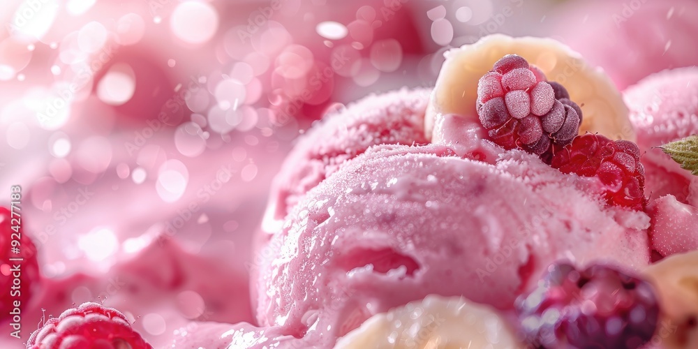 Close up of pink homemade sorbet with banana and berry in a scoop Close up of pink homemade sorbet with banana and berry in a scoop