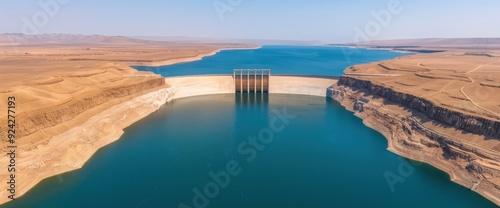 Iconic Aswan High Dam with blue skies, copy space, natural lighting