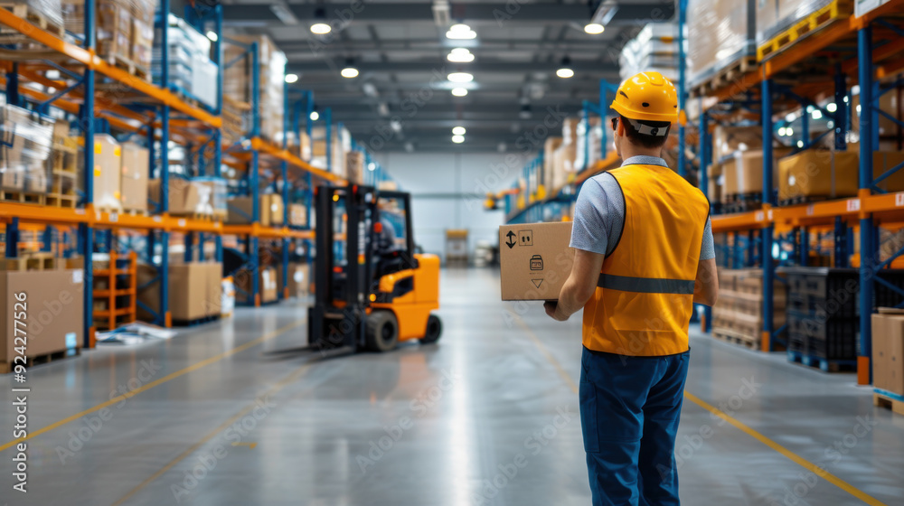 Warehouse worker in a safety vest and helmet carries a box while a forklift operates nearby in a large storage facility. Warehouse worker in a safety vest and helmet carries a box while a forklift operates nearby in a large storage facility.