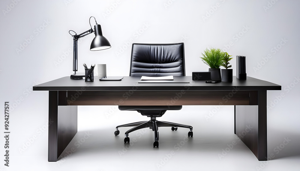 Fototapeta premium A modern office space with a dining area featuring a table and chairs, including a workspace setup with a laptop on a desk, showcasing a business environment with people and technology