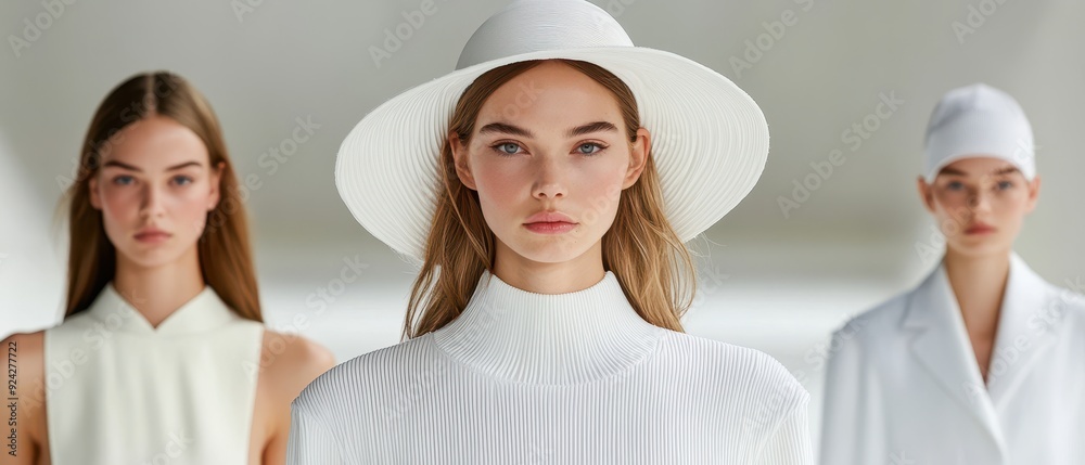 Fototapeta premium Elegant Fashion Models in Minimalist White Outfits and Hats in a Modern Studio Setting