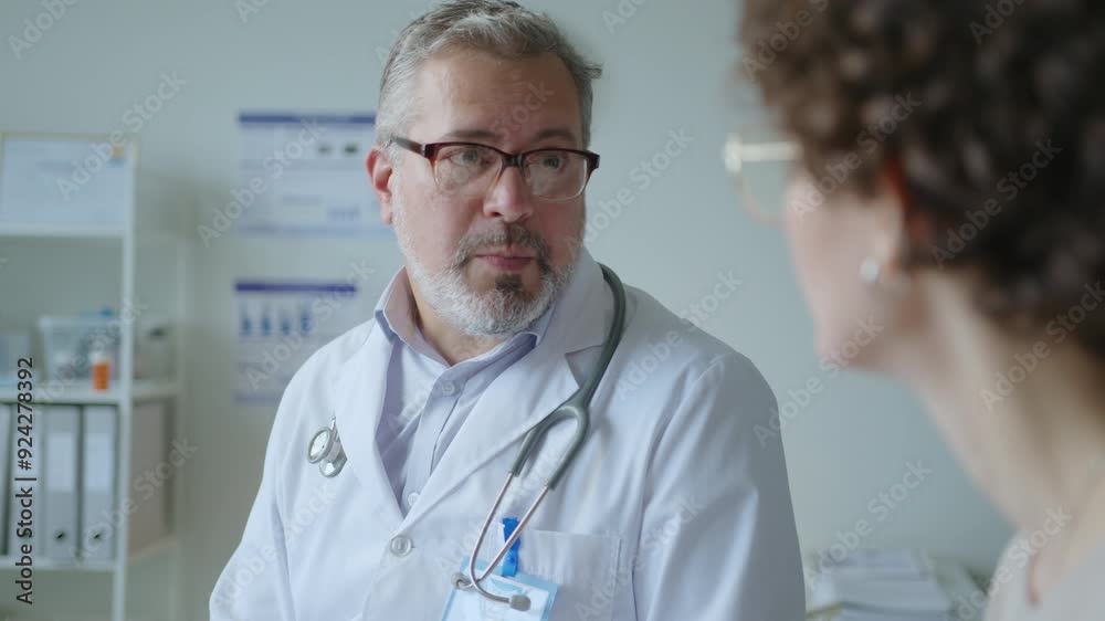 Experienced doctor talking to female patient, commenting on results of medical check-up and giving consultation in clinic. Over-the-shoulder shot Experienced doctor talking to female patient, commenting on results of medical check-up and giving consultation in clinic. Over-the-shoulder shot