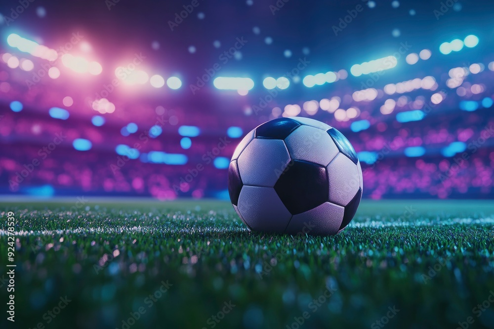 Naklejka premium 3D render of open air football empty stadium with single ball on grass, neon illumination and blurred tribunes with fans. with generative ai