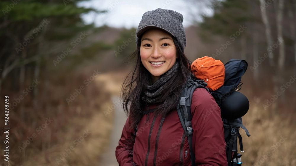 portrait of a mid 20's asian female in hiking gear on a trail