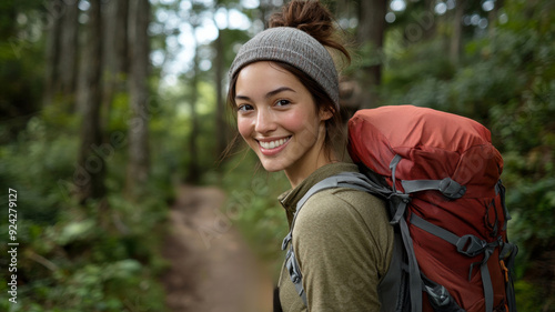 portrait of a mid 20's asian female in hiking gear on a trail photo