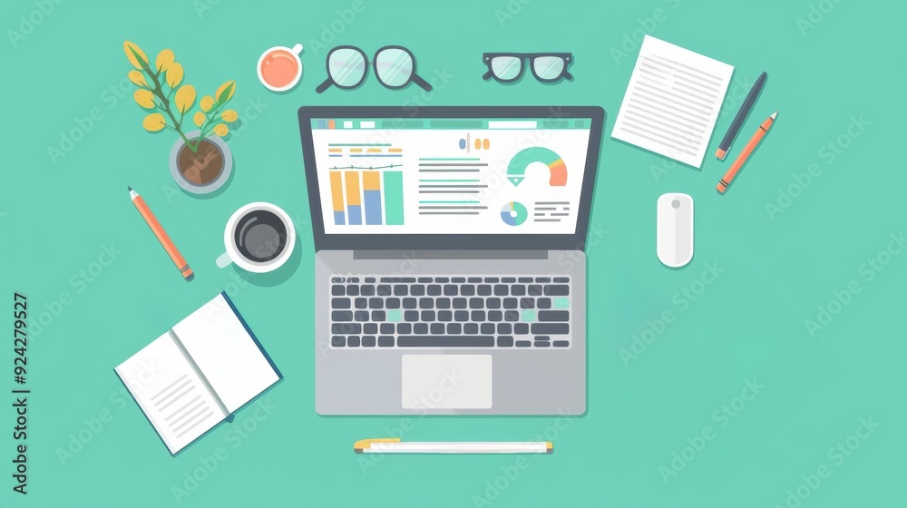 Flat lay of a laptop with business analytics on the screen, office supplies, documents, and glasses on a turquoise background. Flat lay of a laptop with business analytics on the screen, office supplies, documents, and glasses on a turquoise background.