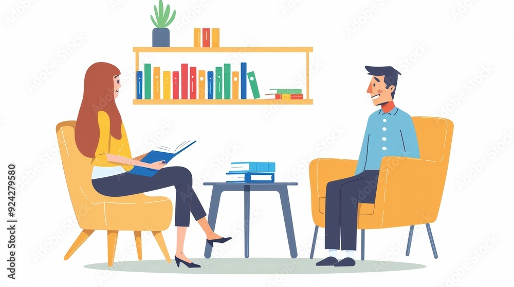 A woman and a man having a conversation in a cozy room with bookshelves. The illustration shows a relaxed atmosphere with books and plants. A woman and a man having a conversation in a cozy room with bookshelves. The illustration shows a relaxed atmosphere with books and plants.