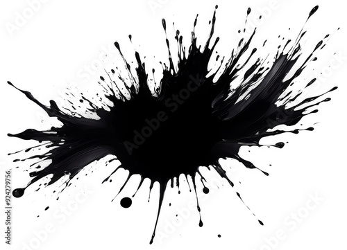 Abstract black ink splash, chaotic pattern isolated on transparent background