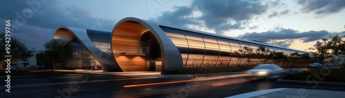 Modern Futuristic Building with Curved Glass and Wood Architecture at Dusk