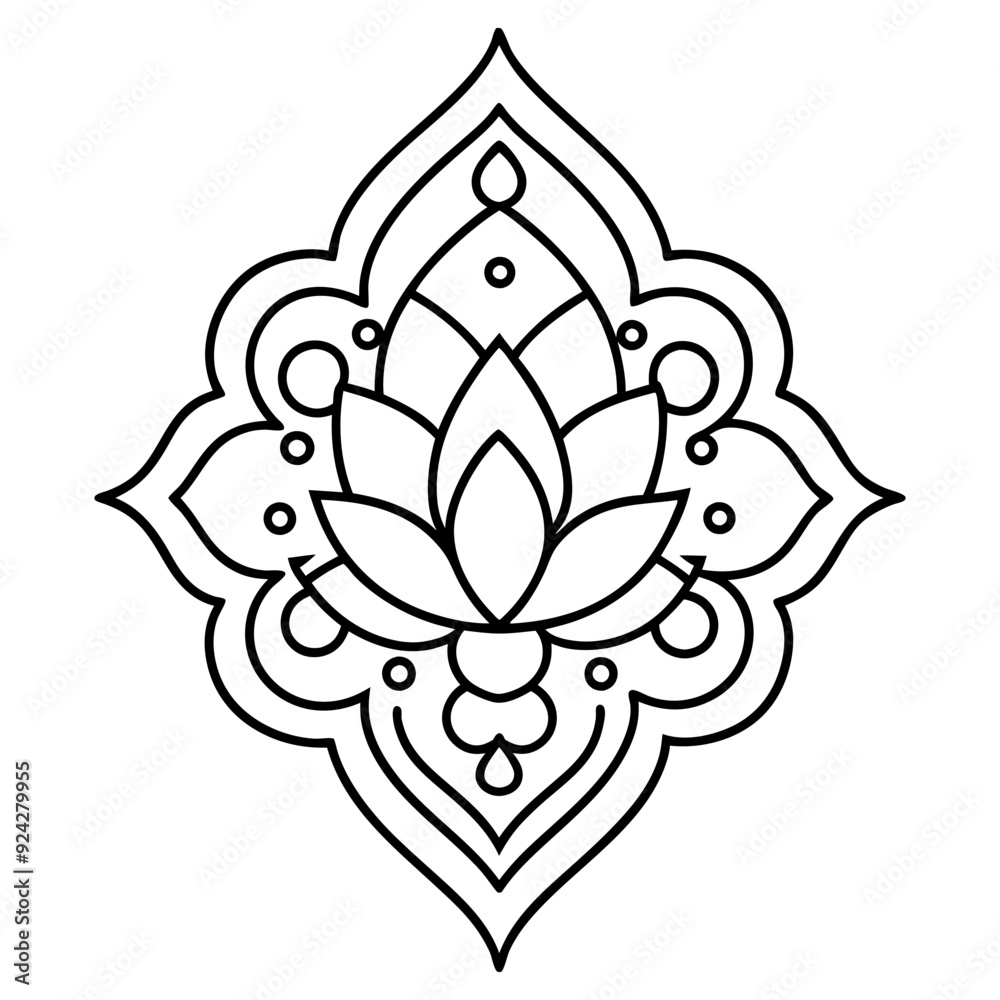A black and white illustration of a flower mandala design. A black and white illustration of a flower mandala design.