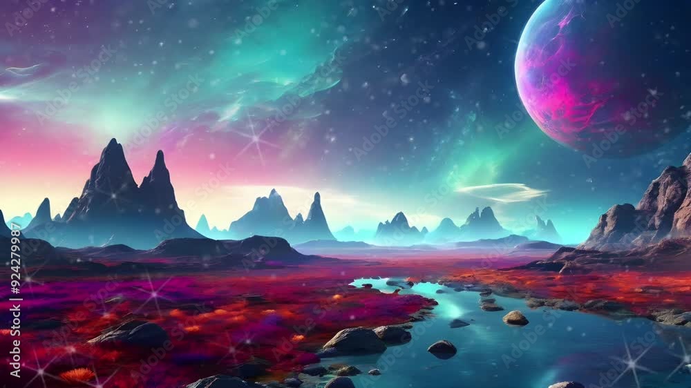The atmosphere of an alien planet with a space galaxy background. Seamless 4K looping timelapse video animation background The atmosphere of an alien planet with a space galaxy background. Seamless 4K looping timelapse video animation background