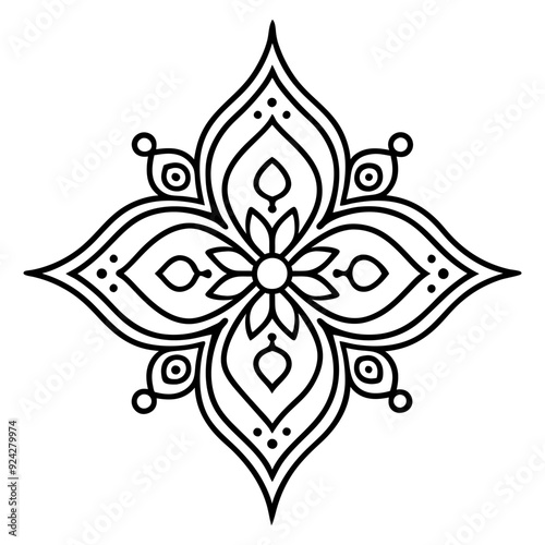 A black and white illustration of a flower mandala design.