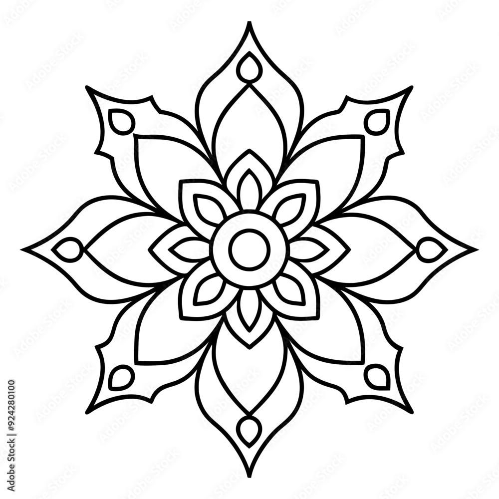 A black and white illustration of a flower mandala design. A black and white illustration of a flower mandala design.