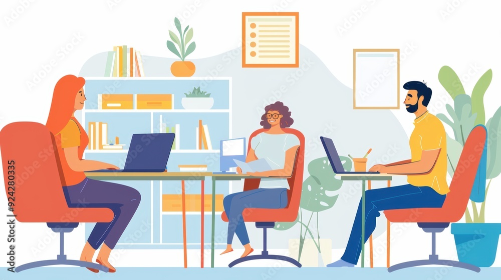 Cozy office space with diverse employees working on laptops, promoting collaboration and productivity in a modern work environment. Cozy office space with diverse employees working on laptops, promoting collaboration and productivity in a modern work environment.