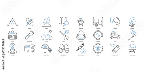 Camping icons set. Set of editable stroke icons.Set of Camping