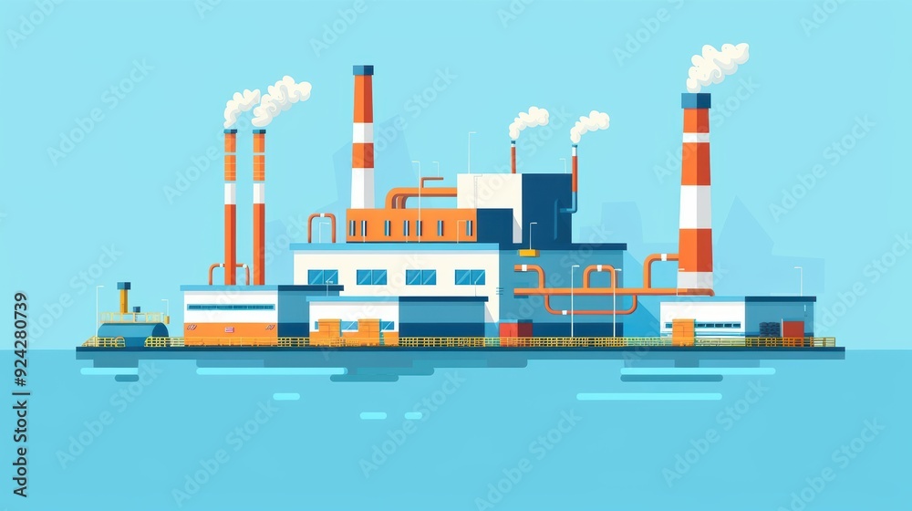 Obraz premium illustration of an industrial factory with chimneys emitting smoke, situated on a water body against a blue sky background.
