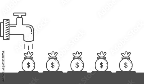 Vector illustration of a sack of money flowing out of a faucet. Design business, finance, economics, passive income and investment concepts.