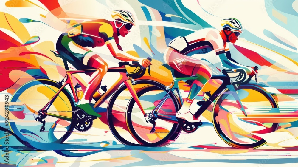 Fototapeta premium Colorful abstract painting of two cyclists racing, capturing movement, speed, and athleticism in vibrant hues and dynamic brushstrokes.