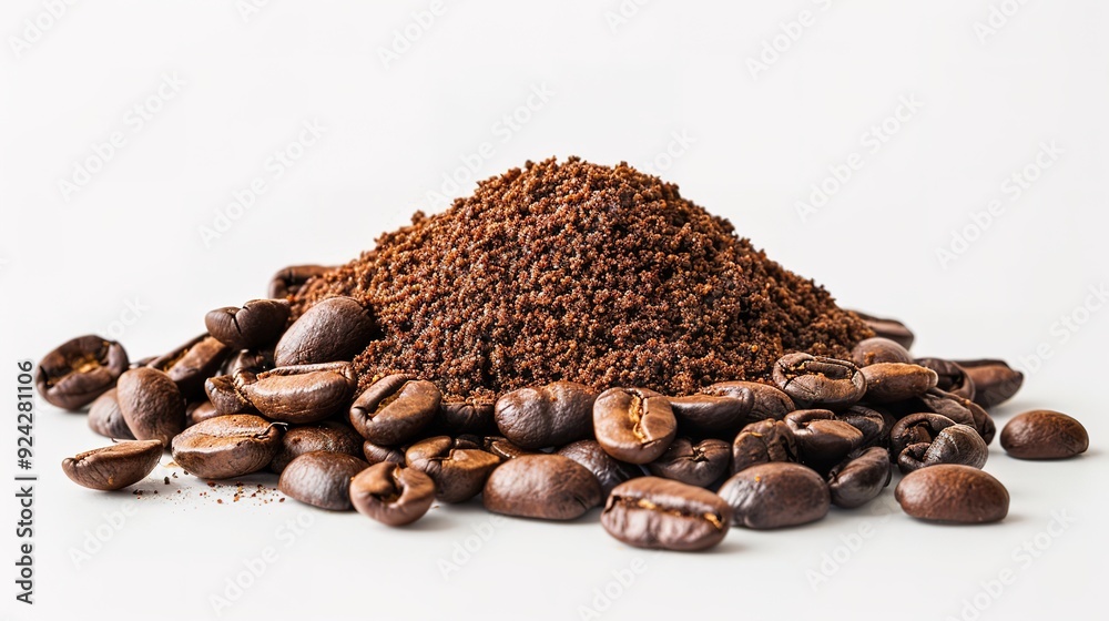Heap of ground coffee and beans on white background