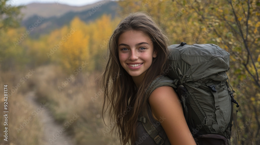 portrait of a teenage female in hiking gear on a trail portrait of a teenage female in hiking gear on a trail