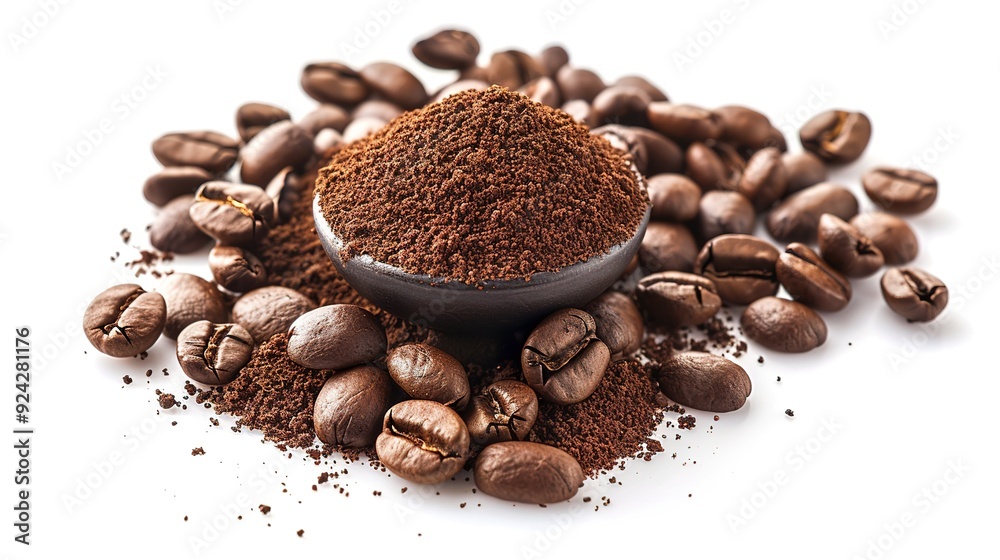 Heap of ground coffee and beans on white background Heap of ground coffee and beans on white background