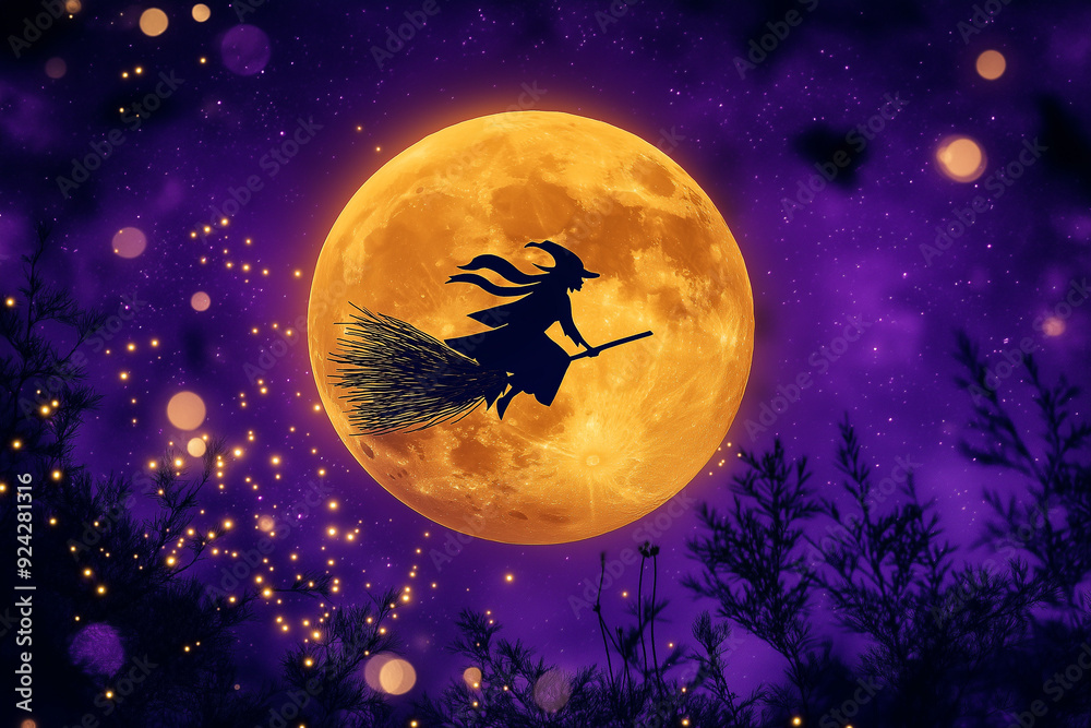 Flying witch silhouette against a glowing full moon in a starry purple sky for Halloween Flying witch silhouette against a glowing full moon in a starry purple sky for Halloween